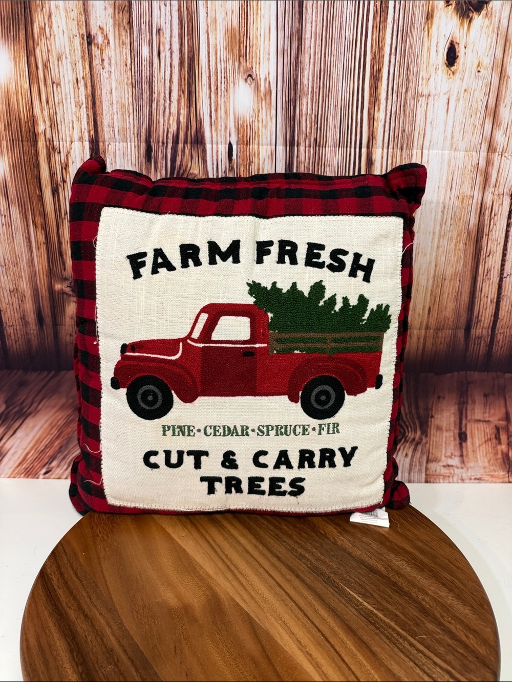 Farm Fresh Cut & Carry Trees Holiday Throw Pillow - Red Plaid